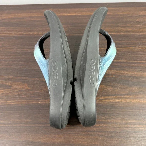 Oofos Sandals Womens 10 Black Blue Thong Flip Flop Beach Walking Recovery - Picture 5 of 7
